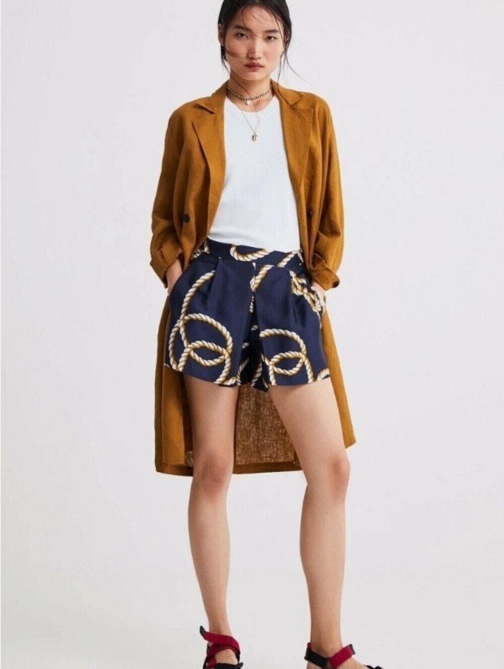 Zara Knot Print Navy Blue White High Waist Pleated Shorts Nautical Style, Sz XL - Picture 2 of 16